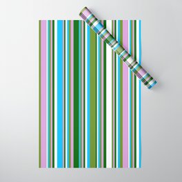 [ Thumbnail: Green, Plum, Dark Green, White & Deep Sky Blue Colored Stripes Pattern Wrapping Paper ]