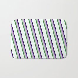 [ Thumbnail: Eye-catching Purple, Grey, Forest Green, Mint Cream, and Black Colored Lined/Striped Pattern Bath Mat ]