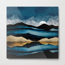 Midnight Mountain Metal Print | White, Moon, Abstract, Digital, Stars, Bohemian, Ocean, Blue, Contemporary, Lake 