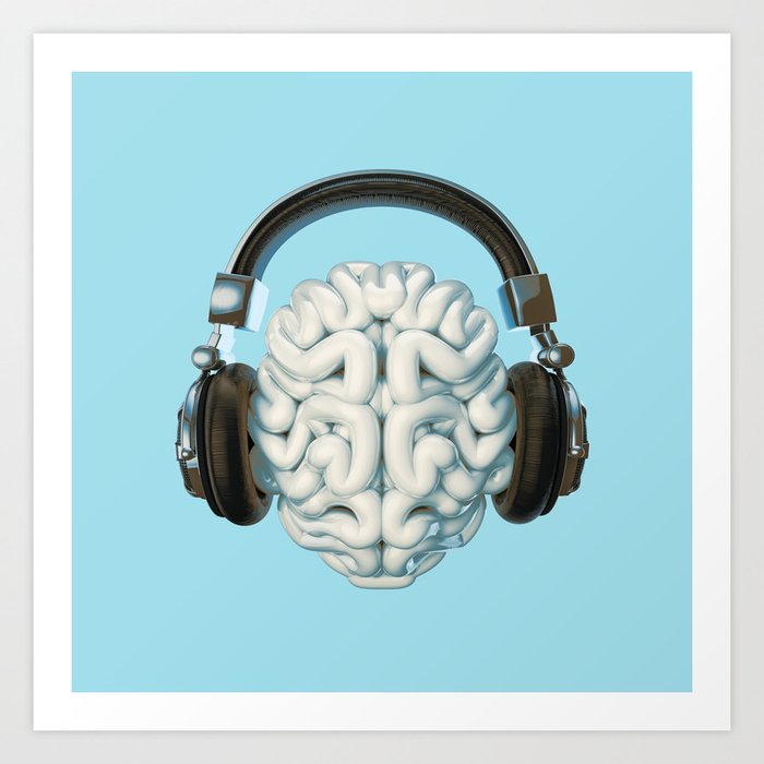 Mind Music Connection /3D render of human brain wearing headphones Art Print