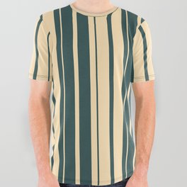[ Thumbnail: Dark Slate Gray and Beige Colored Stripes/Lines Pattern All Over Graphic Tee ]