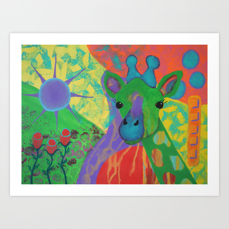 Whimsical Abstract Giraffe In Jewel Tone Colors Green Aqua Purple