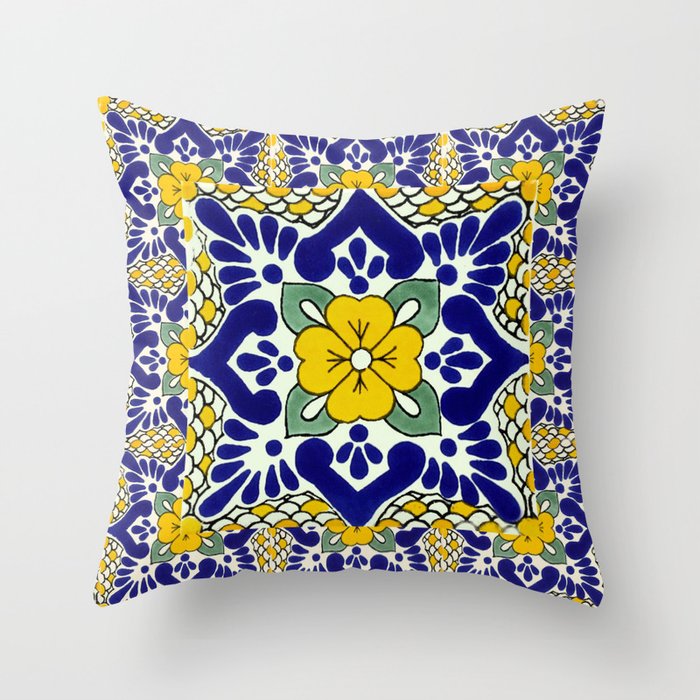 talavera mexican tile in yellow and blu Throw Pillow by mademoiselle