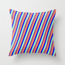 [ Thumbnail: Coral, Blue & Aquamarine Colored Striped/Lined Pattern Throw Pillow ]
