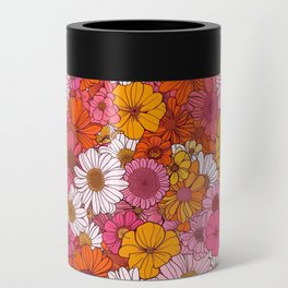 Retro Flowers - Pink, Red, Orange Can Cooler