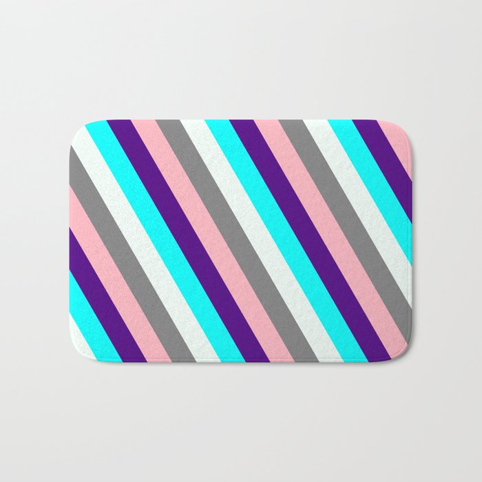 Colorful Indigo, Cyan, Mint Cream, Grey, and Light Pink Colored Lined/Striped Pattern Bath Mat