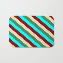 [ Thumbnail: Maroon, Tan, Sea Green, and Aqua Colored Striped Pattern Bath Mat ]
