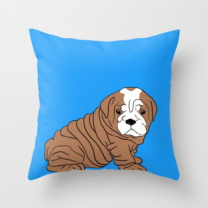 Bulldog Puppy Throw Pillow | Drawing, Digital, Bulldog, Dog, Puppy, Bulldog-puppies, Puppies, Blue, Brown-and-white, Cute