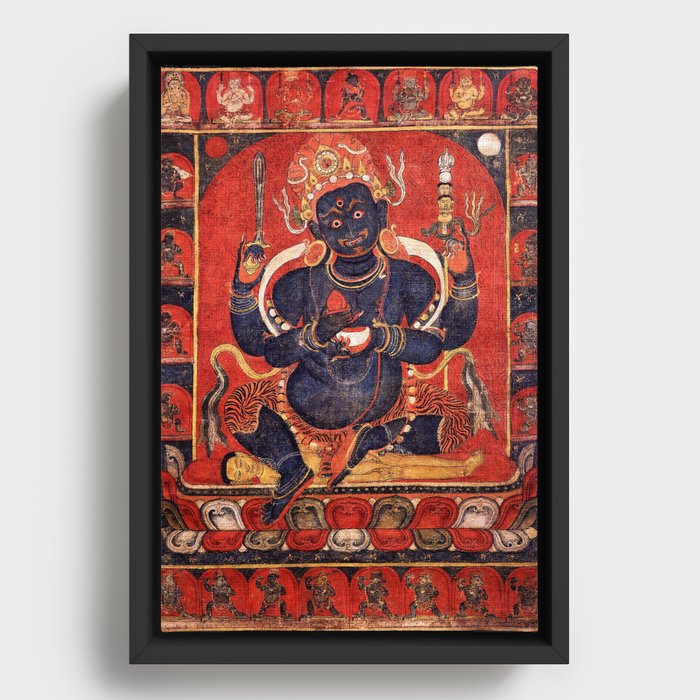 Mahakala Buddhist Protector Chaturbhuja Four Hands 1400s Framed Canvas