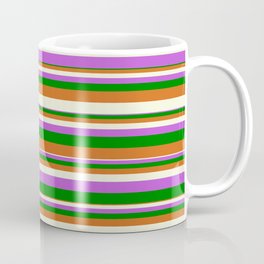 [ Thumbnail: Chocolate, Beige, Orchid & Green Colored Striped/Lined Pattern Coffee Mug ]
