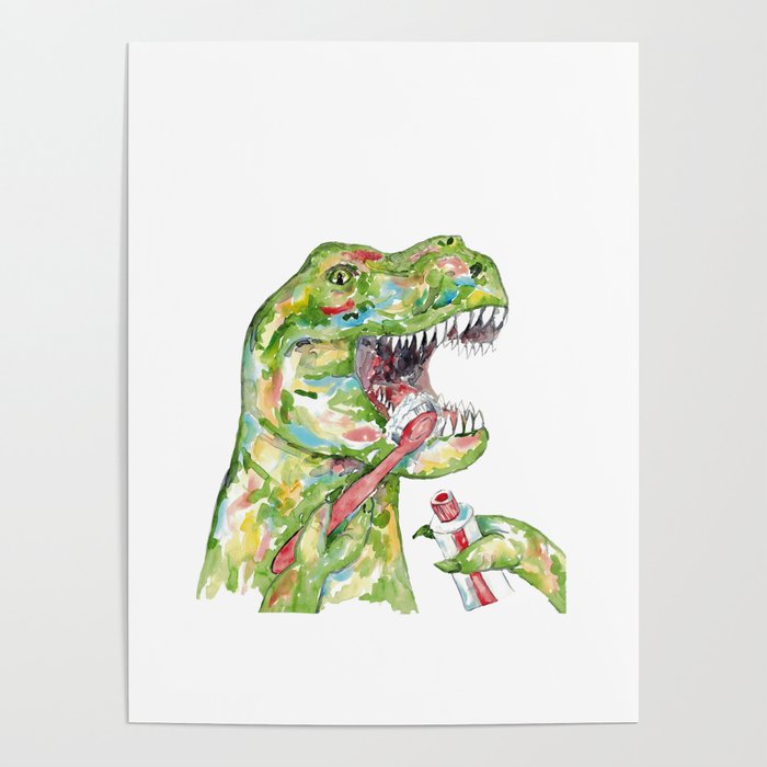 T-rex brushing teeth dinosaur painting watercolour Poster