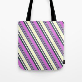 [ Thumbnail: Dark Slate Gray, Orchid, Slate Gray & Light Yellow Colored Striped Pattern Tote Bag ]