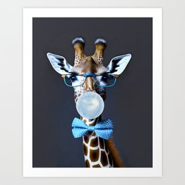 Giraffe wearing glasses and a polka dot bow tie blowing a blue bubble gum Art Print