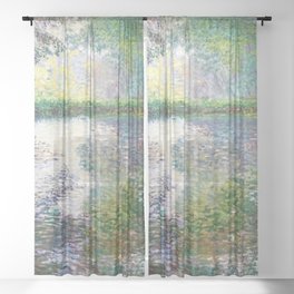 The Pond at Montgeron; autumn leaves mirrored reflection in pond landscape nature painting by Claude Monet Sheer Curtain