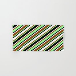 [ Thumbnail: Brown, Green, Black & Mint Cream Colored Lines/Stripes Pattern Hand & Bath Towel ]