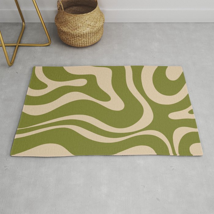 Retro Modern Liquid Swirl Abstract Pattern Square in Mid Mod Olive Green and Beige Rug