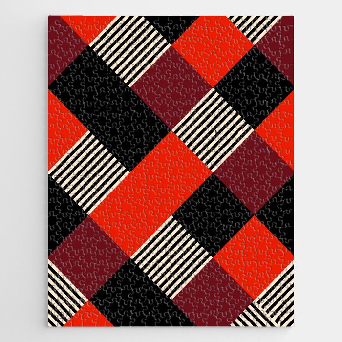 Diamond Plaid Stripes Harlequin Red Black Beige Maroon Jigsaw Puzzle