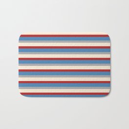 [ Thumbnail: Red, Blue, Dark Grey & Beige Colored Lines/Stripes Pattern Bath Mat ]