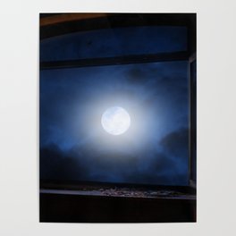 Window Wood Frame Fantasy Full Moon Night Sky Poster