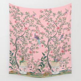 Chinoiserie Pink Fresco Floral Garden Birds Oriental Botanical Wall Tapestry