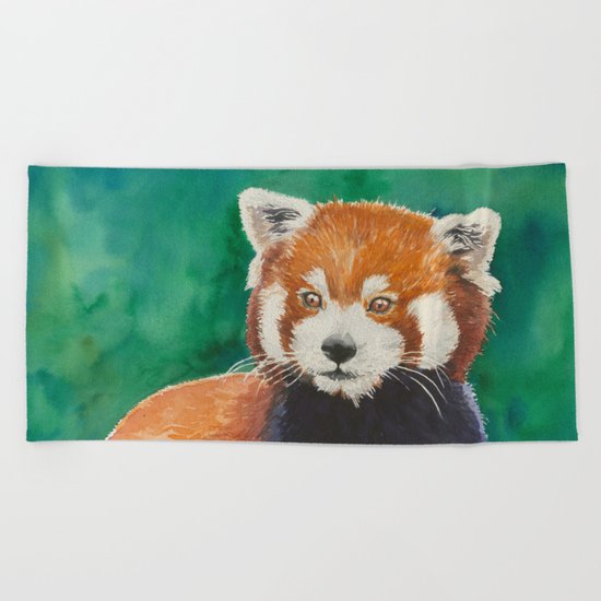 Red panda watercolor portrait Beach Towel