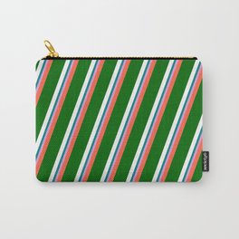 [ Thumbnail: Vibrant Red, Dark Green, White, Teal & Plum Colored Striped Pattern Carry-All Pouch ]