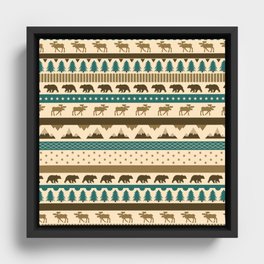 Alaska inspired striped pattern with mountains, bear, moose, stars and pine trees Framed Canvas