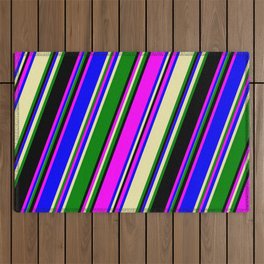 [ Thumbnail: Eye-catching Fuchsia, Blue, Pale Goldenrod, Green, and Black Colored Pattern of Stripes Outdoor Rug ]