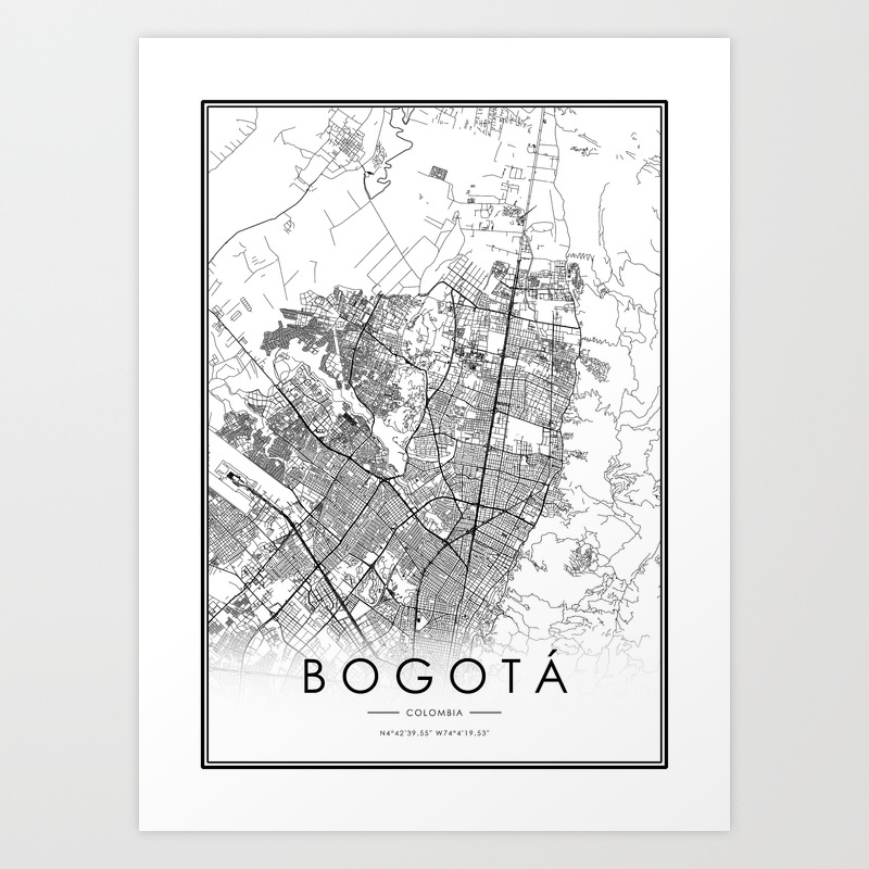 Bogota City Map Colombia White And Black Art Print By Victorialyu