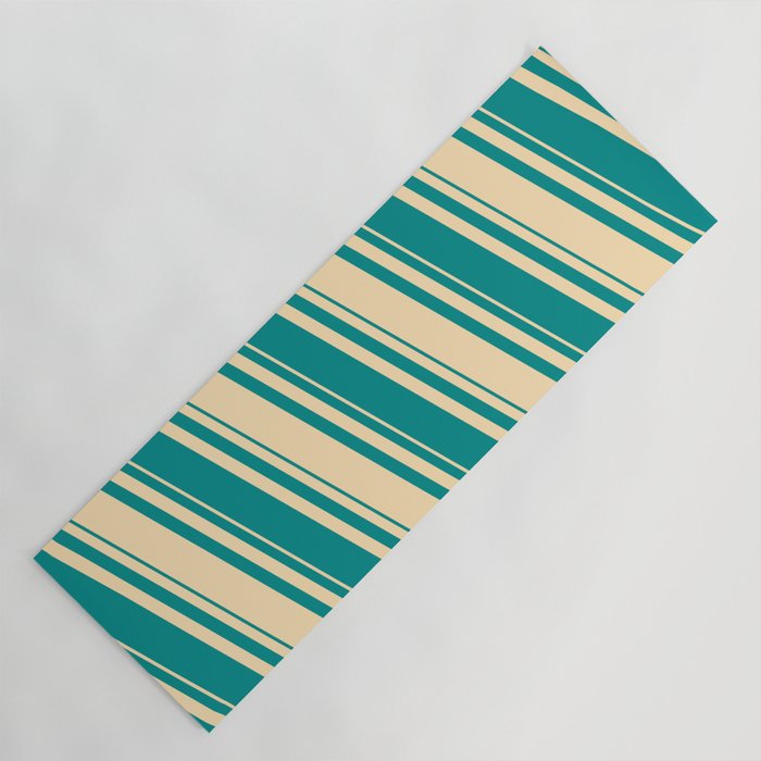 Beige & Dark Cyan Colored Lines/Stripes Pattern Yoga Mat