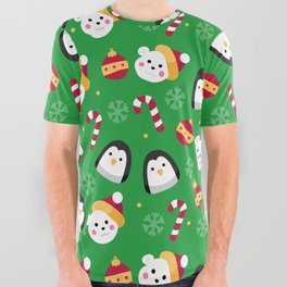 Christmas Pattern Snowman Penguin Candy Green All Over Graphic Tee