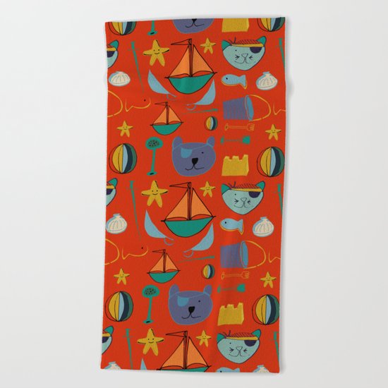 cat and bear pirate red Beach Towel