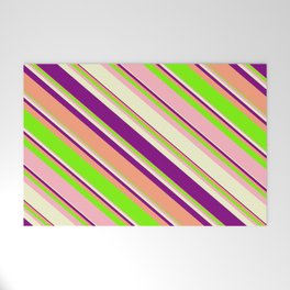 [ Thumbnail: Eye-catching Light Yellow, Purple, Light Salmon, Green & Light Pink Colored Stripes Pattern Welcome Mat ]