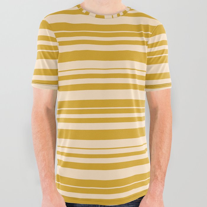 Goldenrod and Bisque Colored Striped/Lined Pattern All Over Graphic Tee