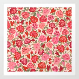 Rose Romance Vintage Roses and Hearts Art Print