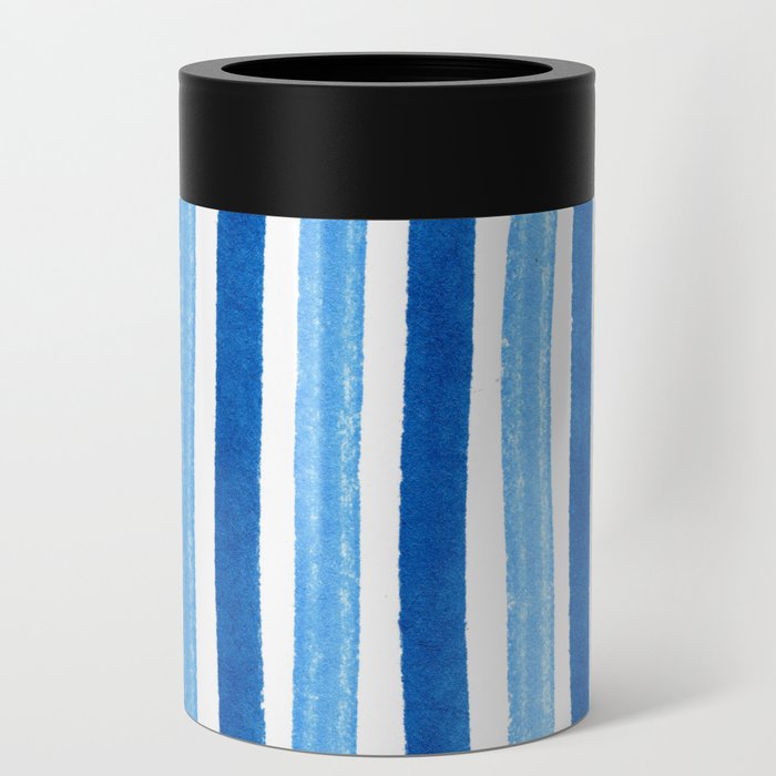 Vertical blue and white striped pattern - watercolor stripes Can Cooler