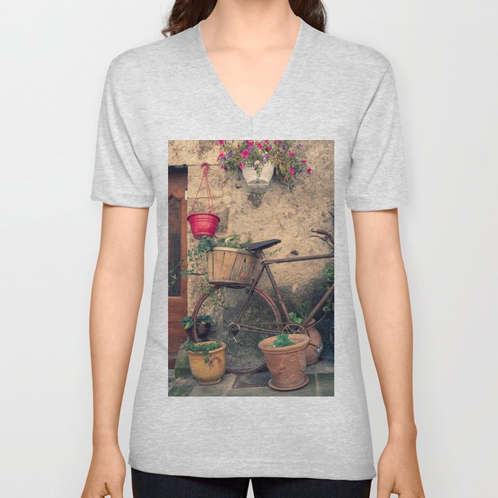 Vintage Bicycle Used As A Flower Pot, Provence V Neck T Shirt