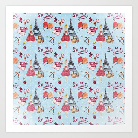 Love and Valentine in Paris France- Elegance Shopping Girly in pink on blue polkadots Art Print