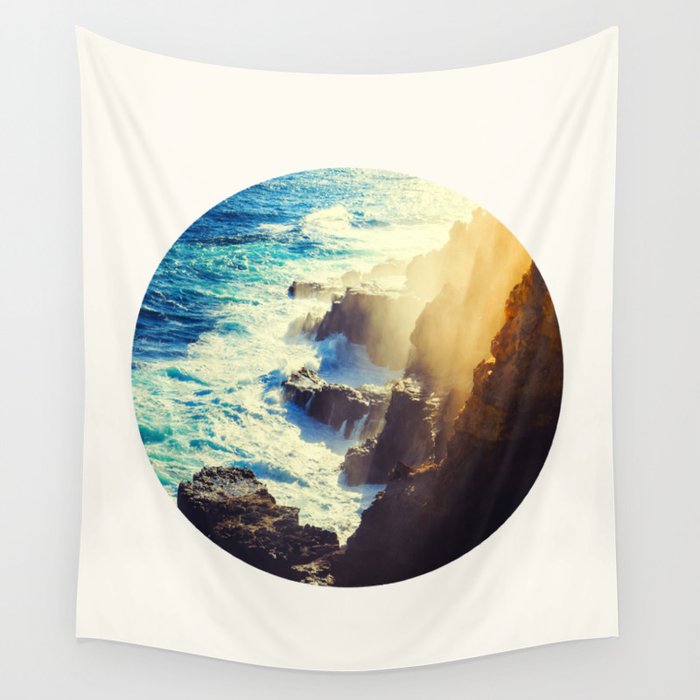 Mid Century Modern Round Circle Photo Graphic Design Blue Waters Rocky Shores With Sunlight Wall Tapestry