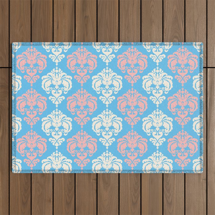 Vintage Retro Pink Blue White Floral Damask Pattern Outdoor Rug