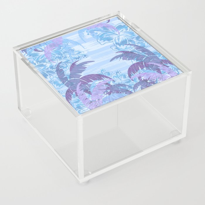 Polynesian Palm Trees And Hibiscus Blue Haze Abstract Acrylic Box