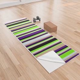 [ Thumbnail: Eyecatching Indigo, Tan, Lavender, Green & Black Colored Lines/Stripes Pattern Yoga Towel ]