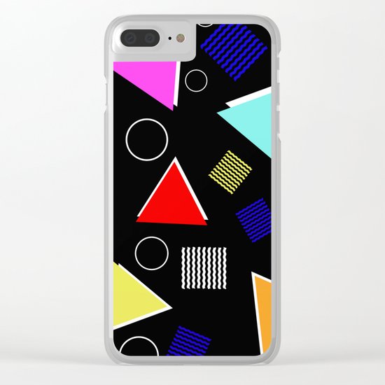 Fun Retro - Triangles, rings and waves patterned design, blue, red, purple, pink, yellow Clear iPhone Case