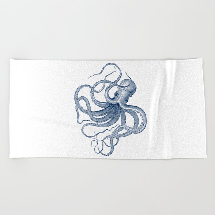 Blue nautical vintage octopus illustration Beach Towel
