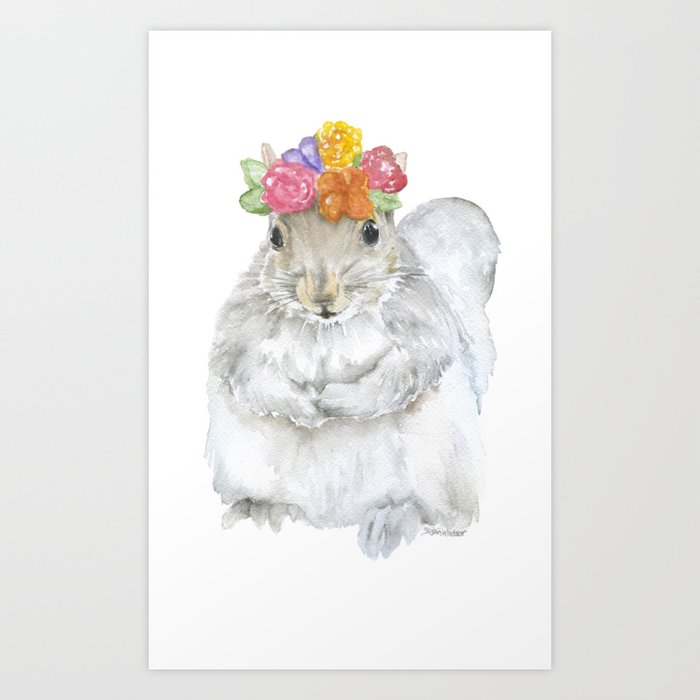 Gray Squirrel with a Floral Crown Watercolor Art Print