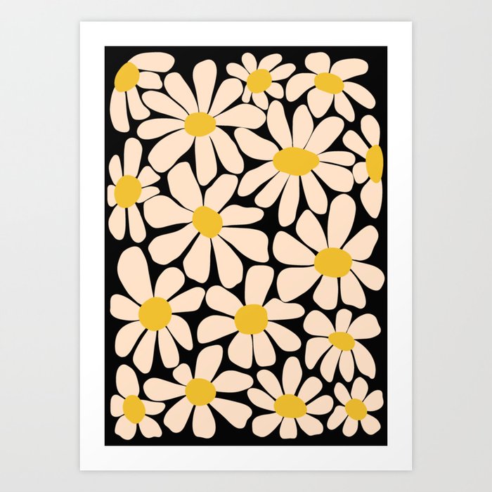 Retro Fun Floral - Off-white, Yellow and Black Art Print