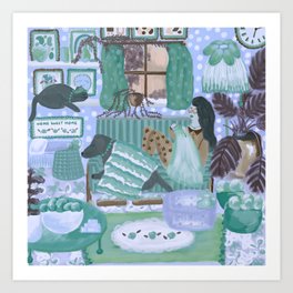 Knitting at home with the pets - blue Art Print