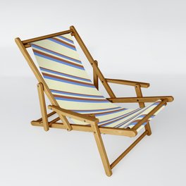 [ Thumbnail: Sienna, Cornflower Blue & Light Yellow Colored Striped/Lined Pattern Sling Chair ]