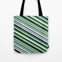[ Thumbnail: Eye-catching Forest Green, Grey, Slate Gray, Light Cyan & Black Colored Lined/Striped Pattern Tote Bag ]