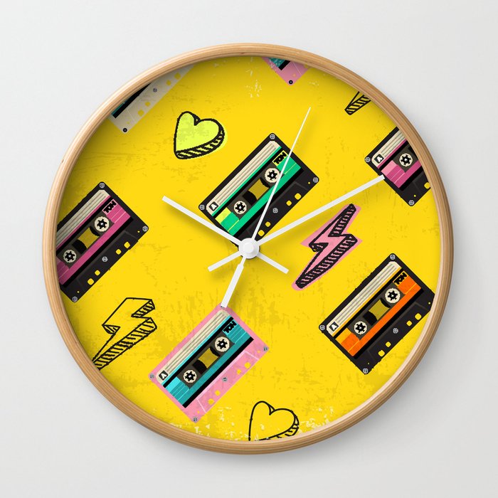 70's, 80's cassette tape vintage retro background. Fashionable poster simple graphic old style with heart and flash. Disco love party 1980. Yellow Wall Clock